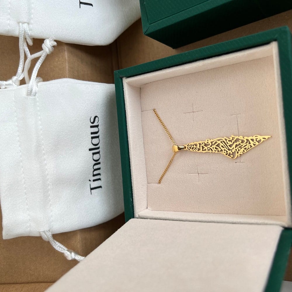 Customer photo review of Palestine Calligraphy Map Necklace