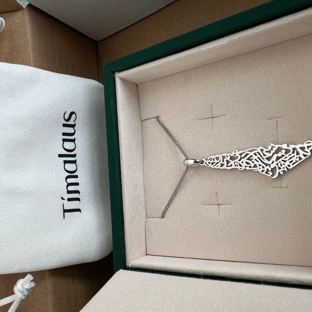 Customer photo review of Palestine Calligraphy Map Necklace