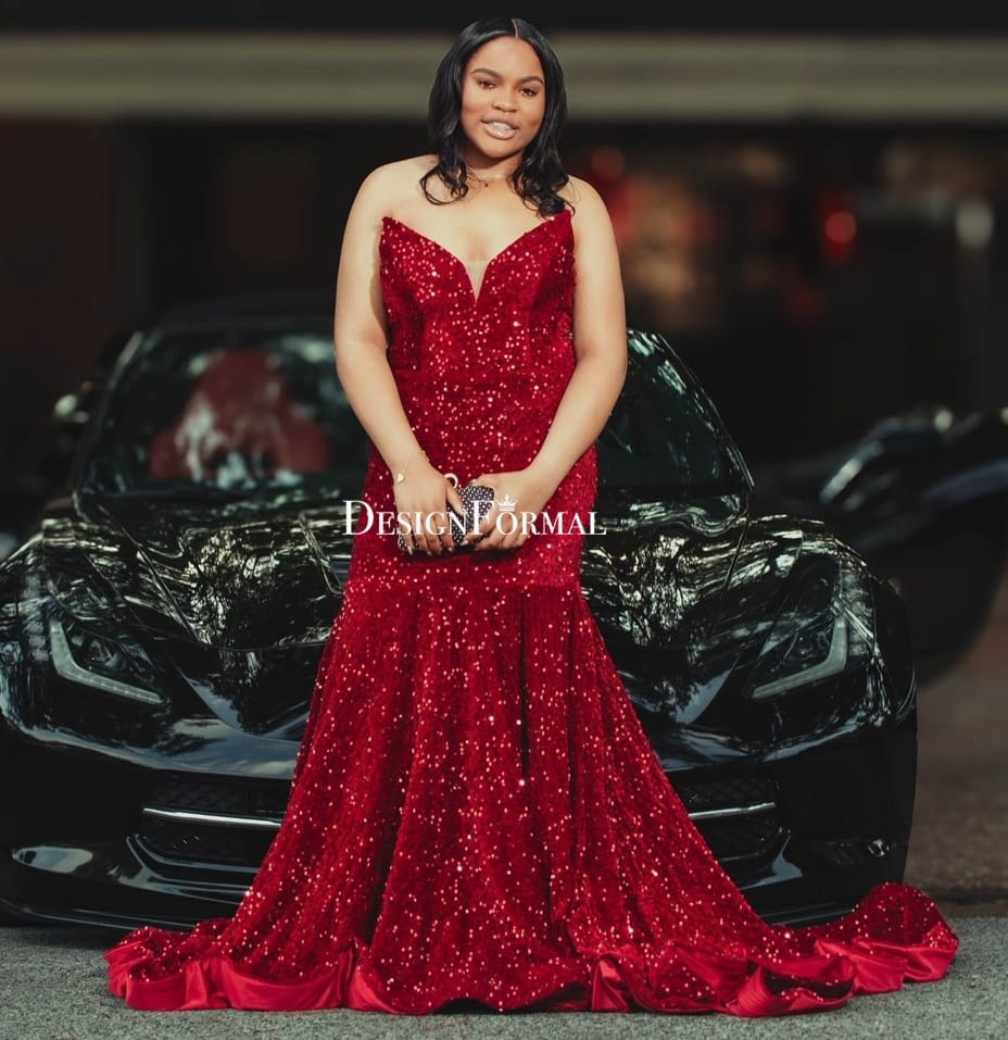 Customer photo review of Burgundy Sequins Sparkly Strapless Mermaid Long Train Prom Dress