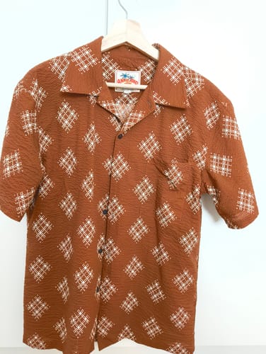 Customer photo review of Printed Seersucker Cuban Collar Aloha Shirt