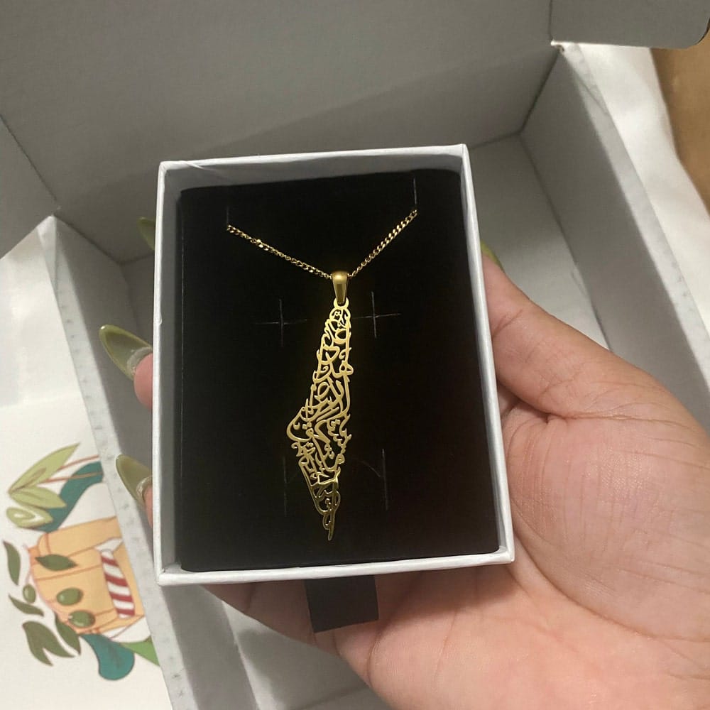 Customer photo review of Palestine Calligraphy Map Necklace