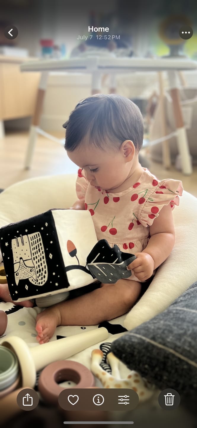 Customer photo review of Linen Cherry Ruffle Baby Romper