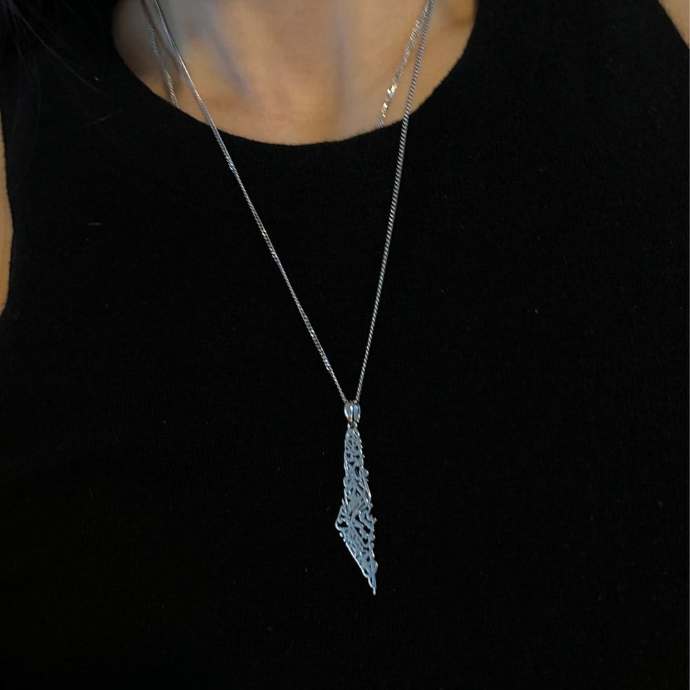 Customer photo review of Palestine Calligraphy Map Necklace