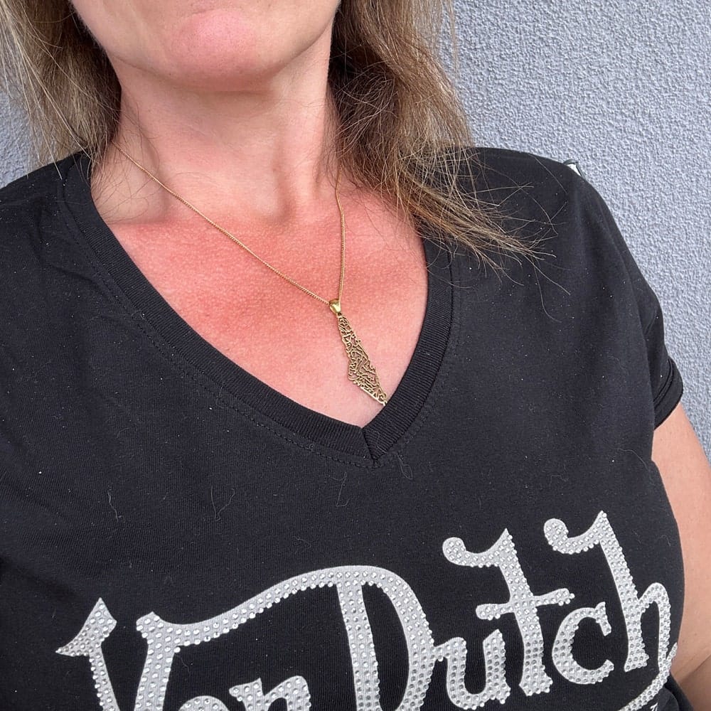 Customer photo review of Palestine Calligraphy Map Necklace