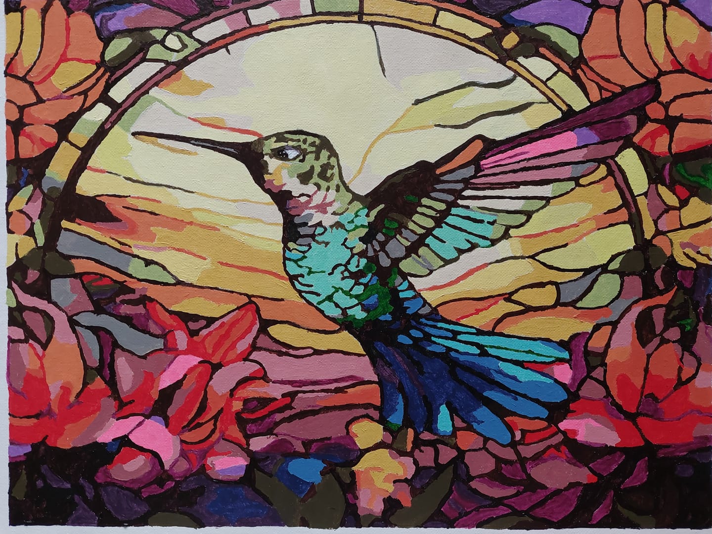 Customer photo review of Glorious Hummingbird Sunset Haze On Stained Glass