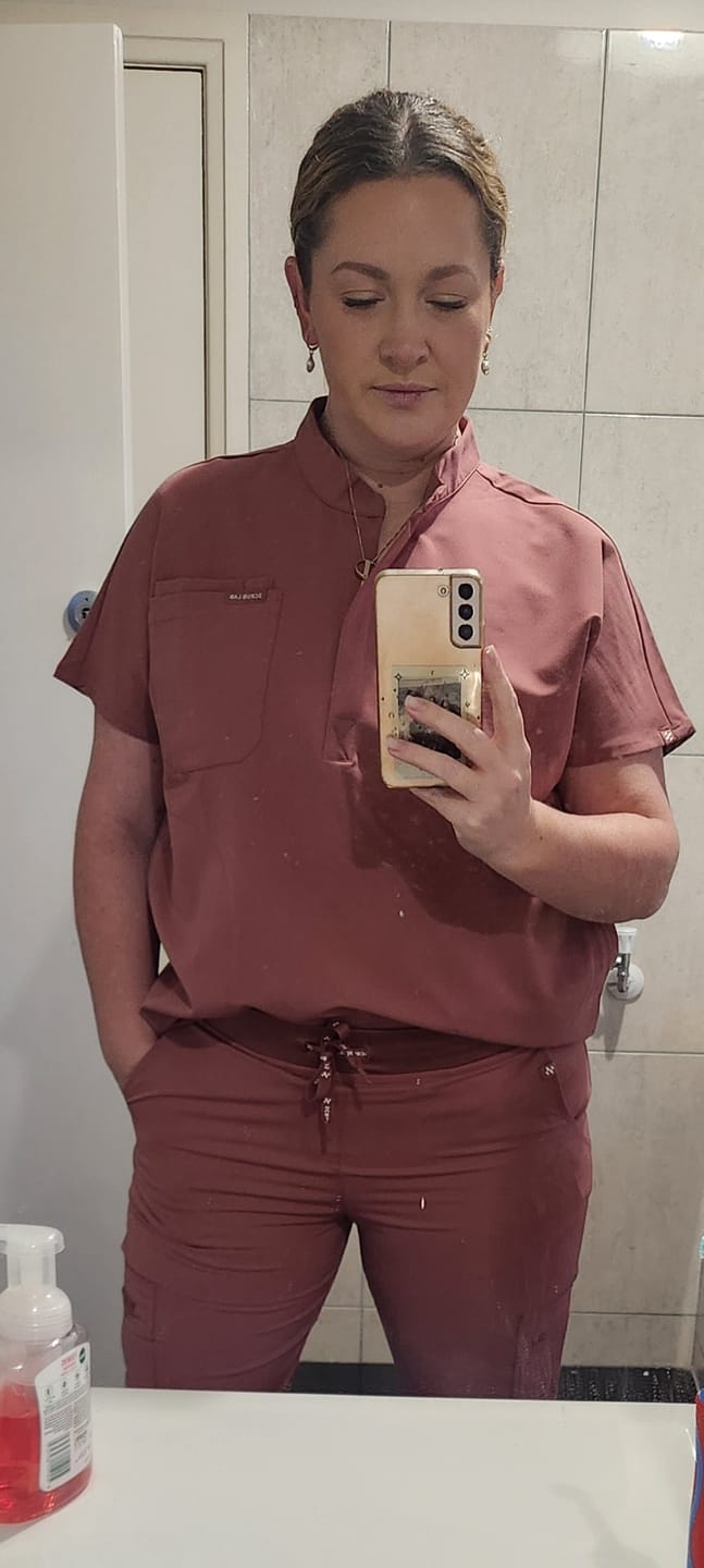 Customer photo review of MABEL Mandarin Collar Scrub Top (Original SLTECH™ fabric) - Mauve
