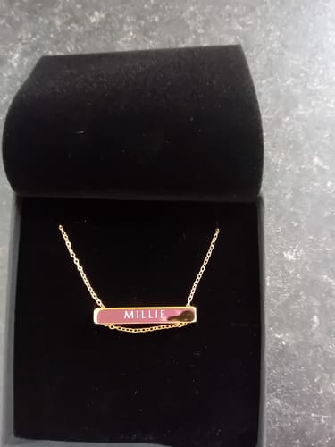 Customer photo review of 3cm Letter Bar Necklace in Gold Horizontal