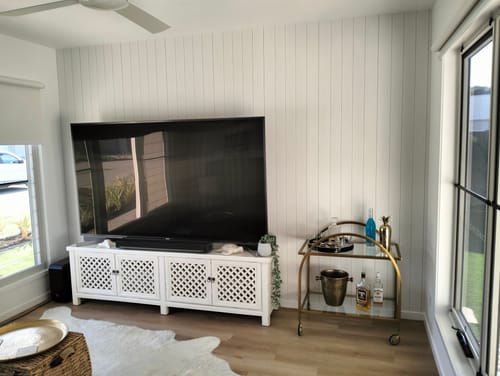 Customer photo review of Tongue & Groove Wood Panel Wallpaper | Light Grey