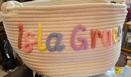 Customer photo review of Baby Knits™  Multicolor Personalized Knitted Basket