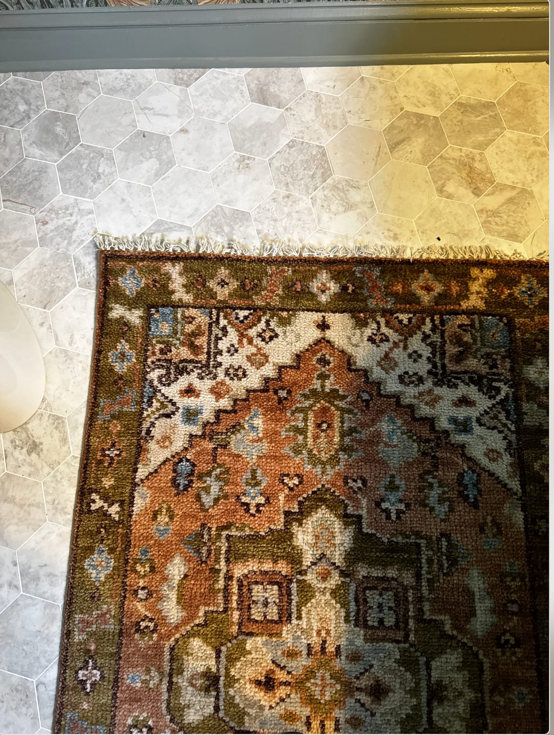 Customer photo review of Custom Made Vintage Style Olive, Rust and Ivory Hand knotted Traditional wool Area Rug