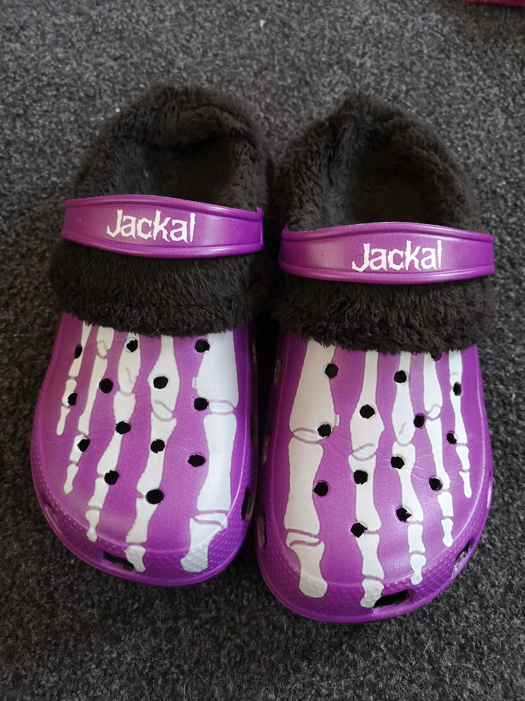 Customer photo review of Personalized Skeleton Toes Skull Name - Fur Lined Slippers