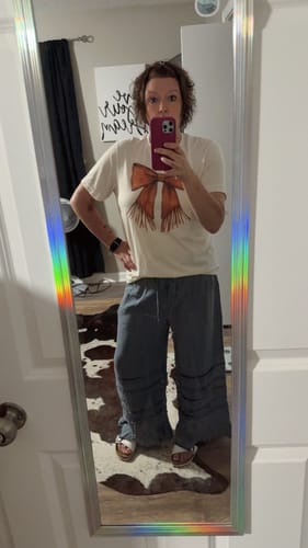Customer photo review of Ruffled Hem Wide Leg Chambray Pants In Dark Denim