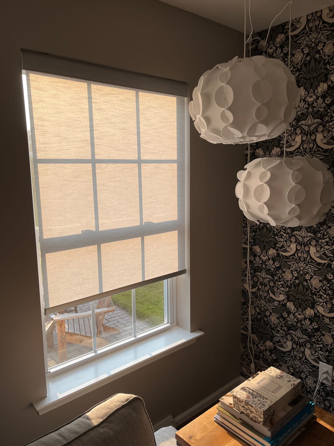Customer photo review of SmartWings Motorized Light Filtering Roller Shades 70% Blackout Essential