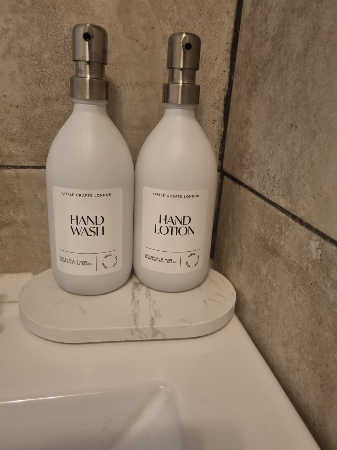 Customer photo review of Set of 2 Milky White Glass Bottle 500 ML with Stainless Steel Pump & Small Tray (White Label)