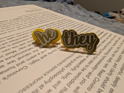 Customer photo review of He/They Pronoun Pins