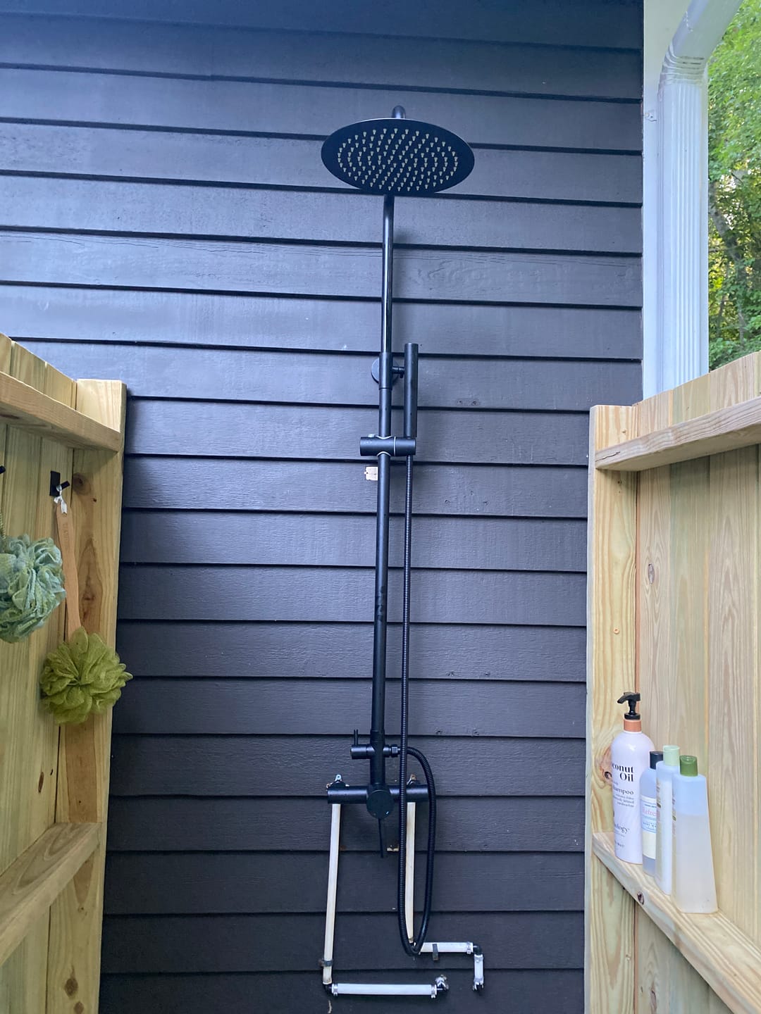 Customer photo review of Outdoor Shower Fixture with 304 Stainless Steel 10” Rainfall Shower Head and Adjustable Slide Bar