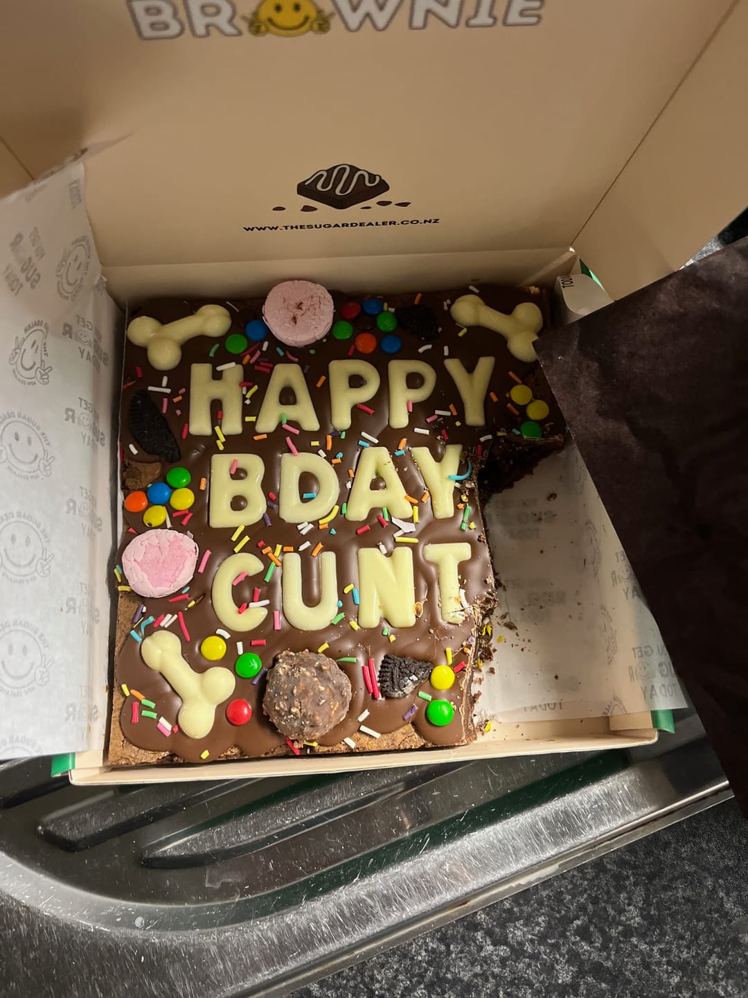 Customer photo review of Custom message dick brownie