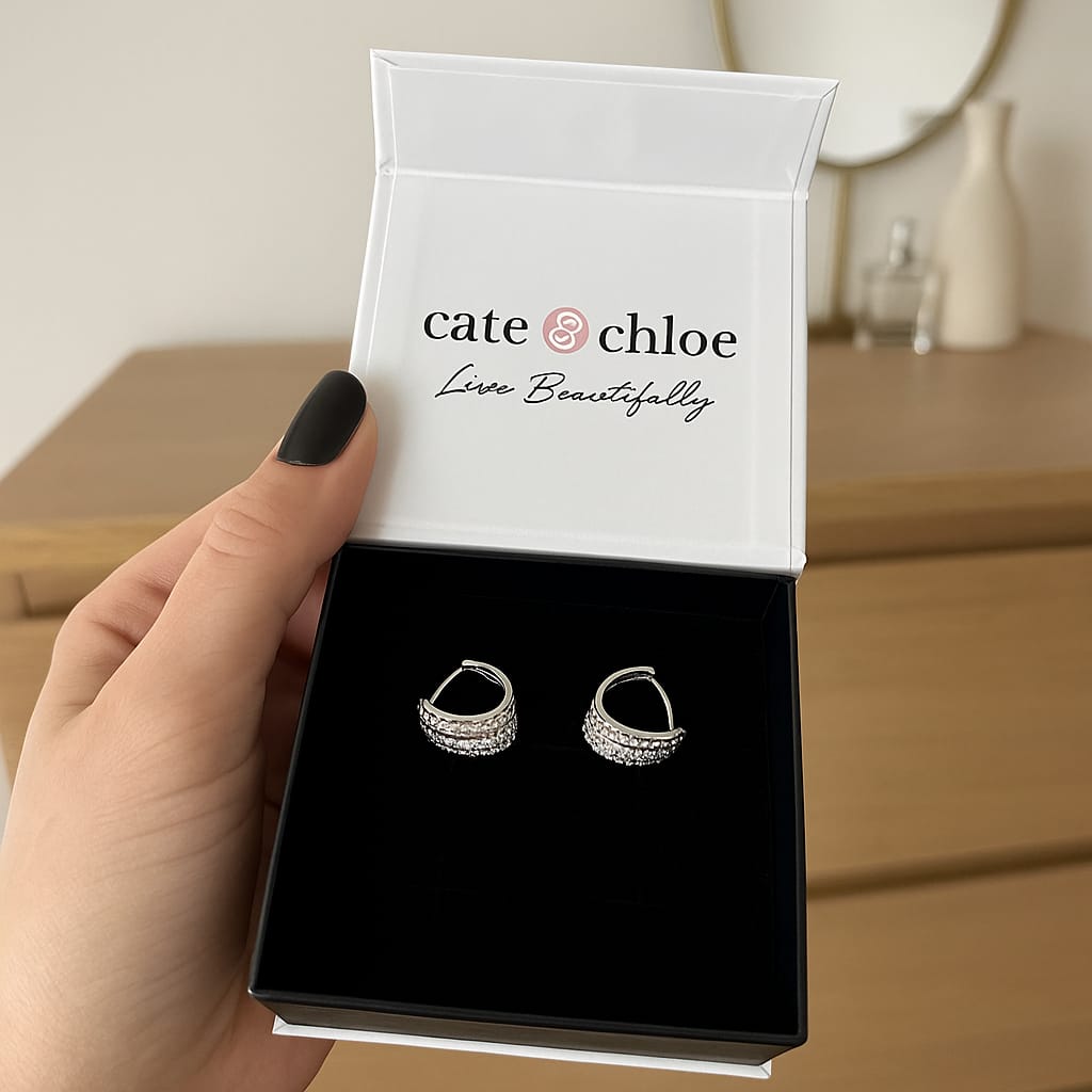 Customer photo review of Aliyah 18k White Gold Plated 14mm Hoop Earrings with Simulated Diamond Crystals