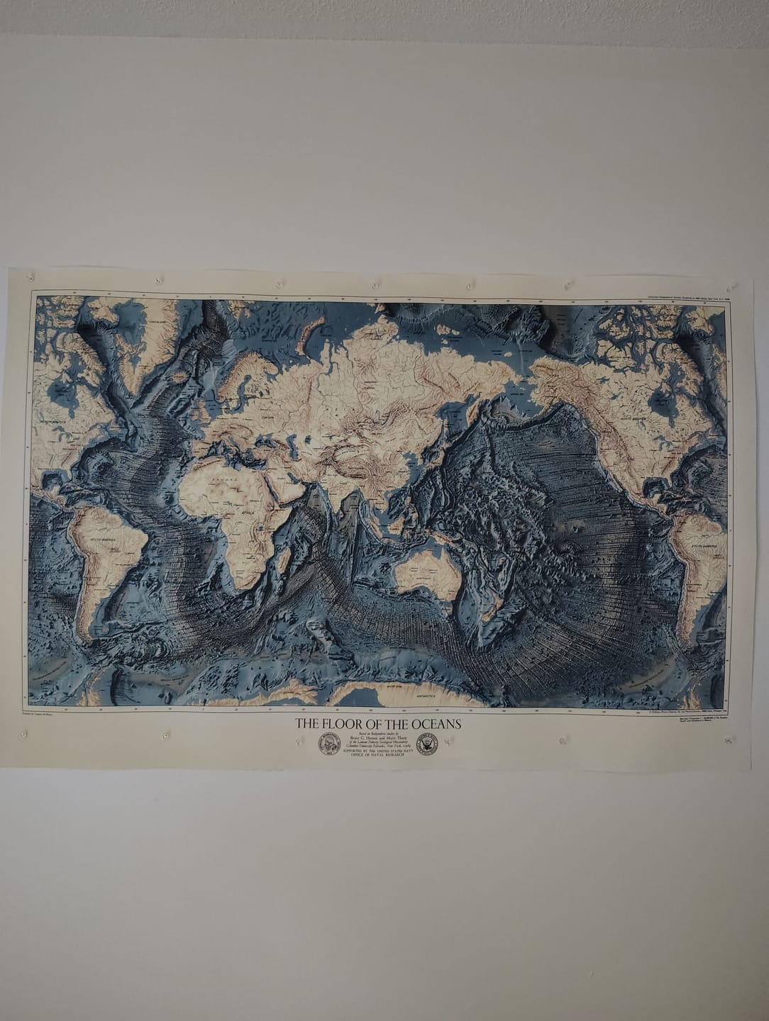 Customer photo review of Rare Old Map of the Ocean Floor and Land Relief by the US Navy in 1976 - Europe, Africa, Americas, Antarctica, Australia