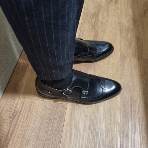 Customer photo review of Double Monk Strap Brogue Wingtip - Solid Black (Hand Painted Patina)