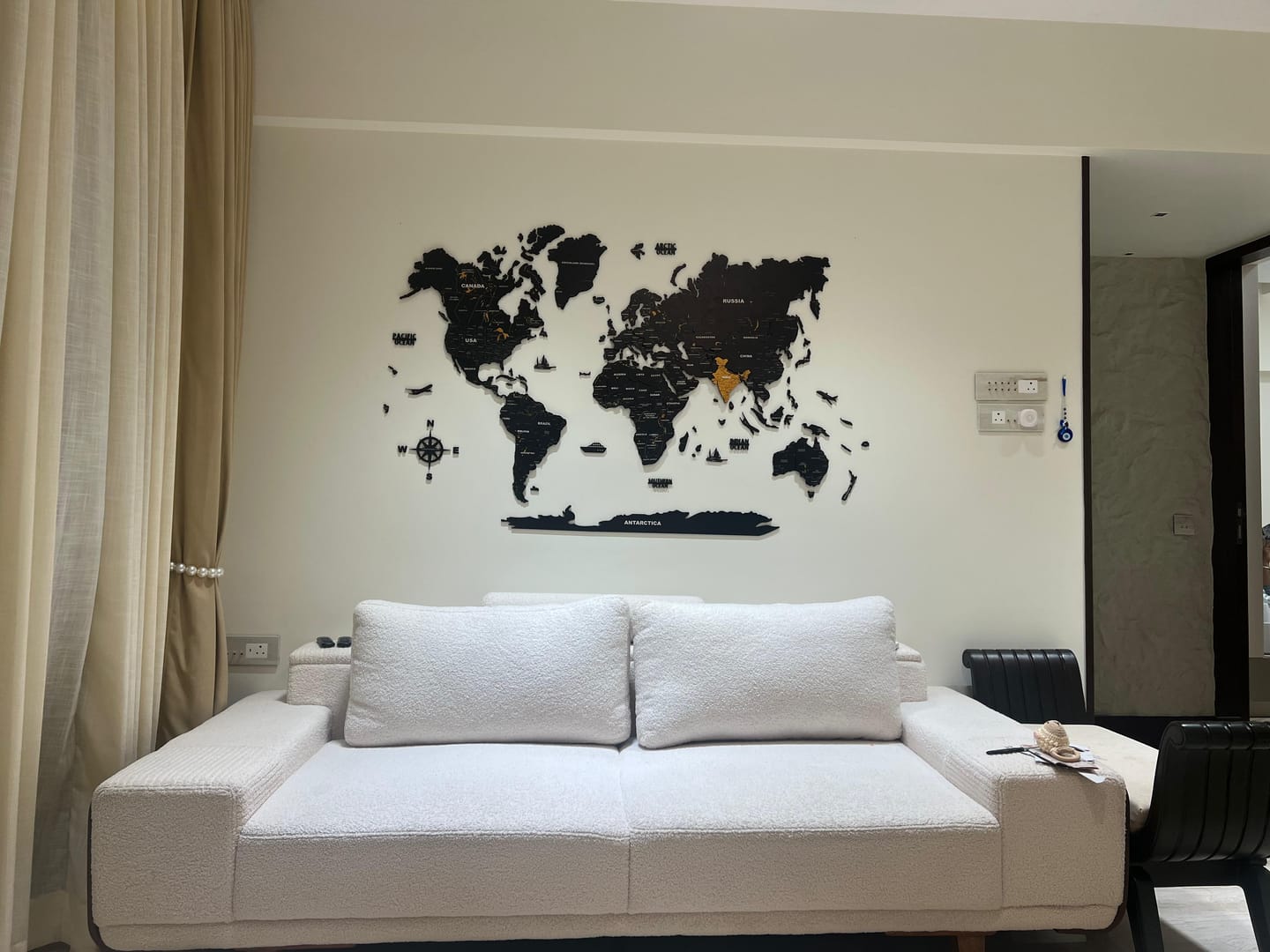 Customer photo review of 3D Black & Yellow Wooden World Map for wall