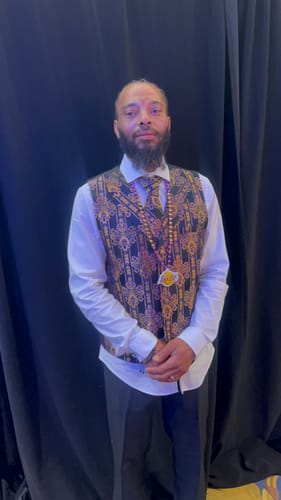 Customer photo review of Ties2you Black Purple Gold Black Floral Silk Men's Vest Necktie Set