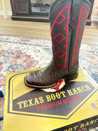 Customer photo review of Black Cherry Jumbo Python Leather Boots — Square Toe
