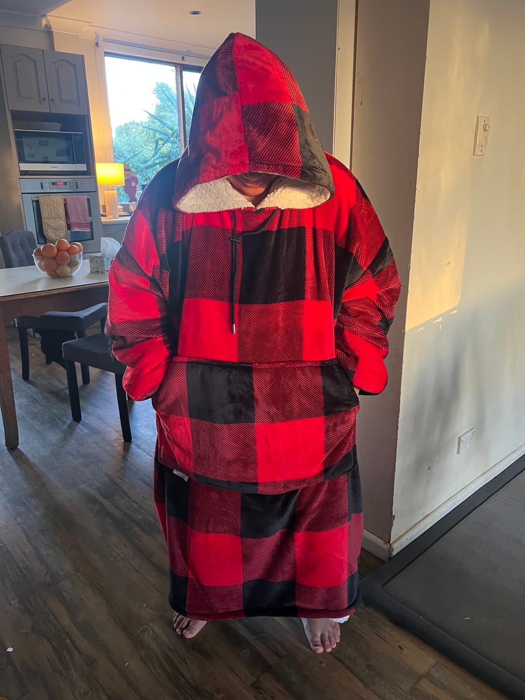 Customer photo review of EXTRA LONG ADULTS BLANKET HOODIE - RED PLAID