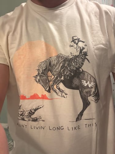 Customer photo review of Ain't Living Long Like This Waylon Jennings Shirt