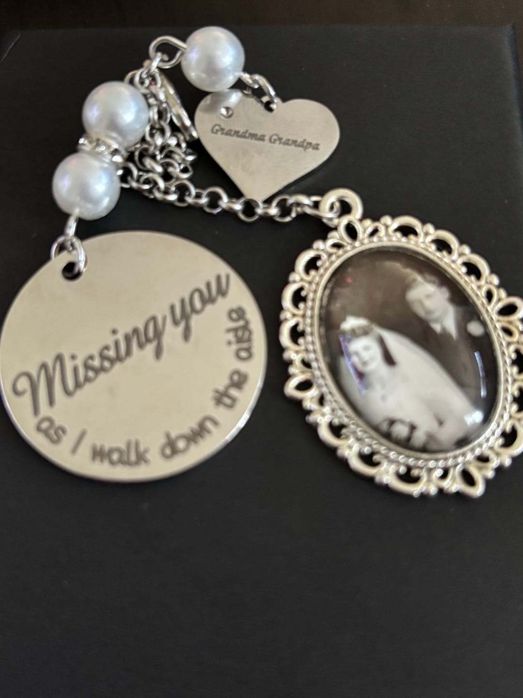 Customer photo review of Personalized Lace Oval Photo Bouquet Charm with Heart Engraved Pendant Memorial Wedding Gift for Bride