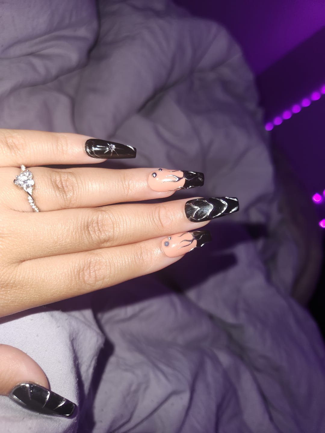 Customer photo review of Black Press On Nails, Gothic Punk Rock Nails, Goth Silver Mirror Effect With Nude French DarkNailz