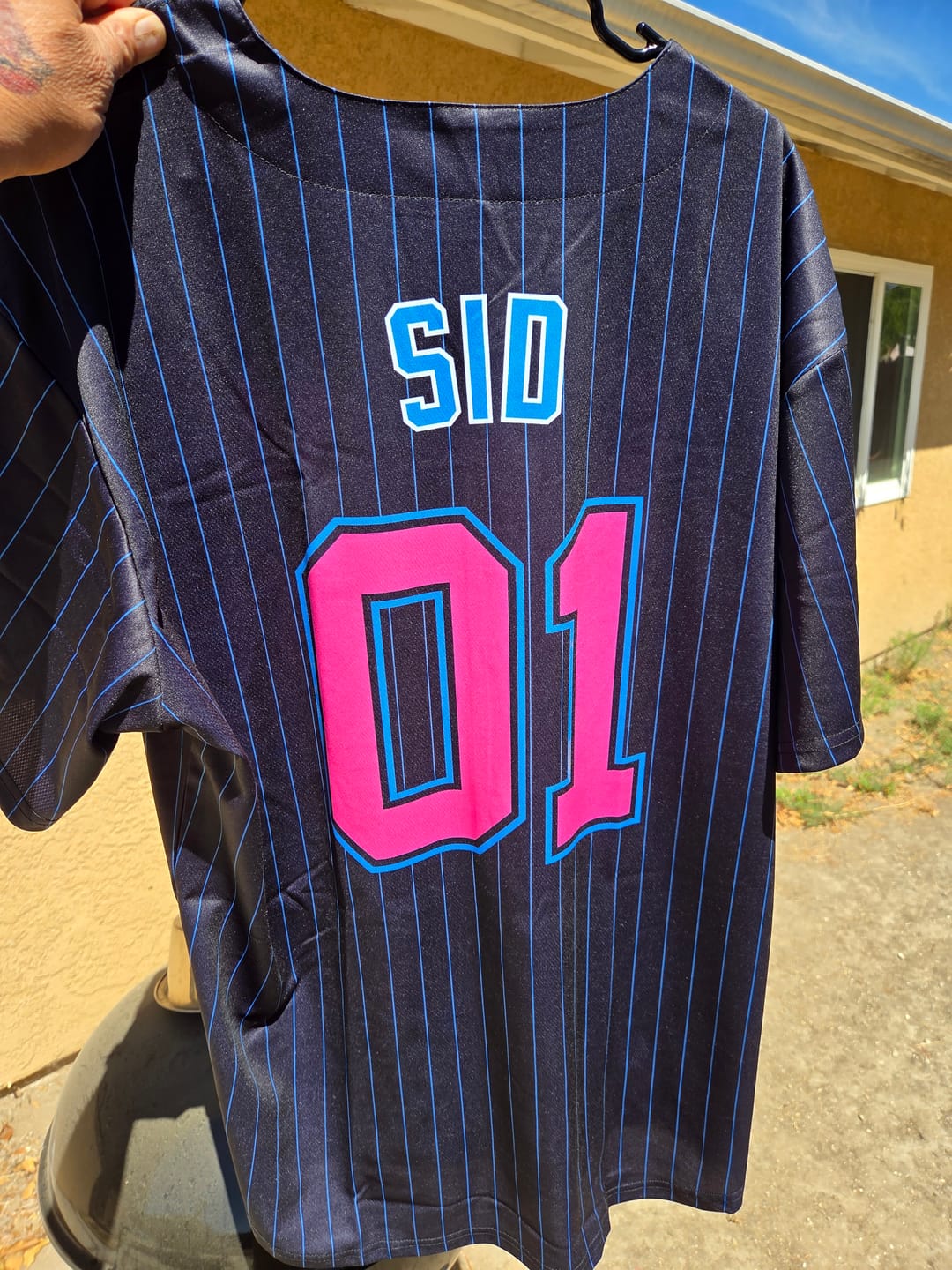 Customer photo review of Custom Black Pink-Powder Blue Stripe Fashion Authentic Baseball Jersey