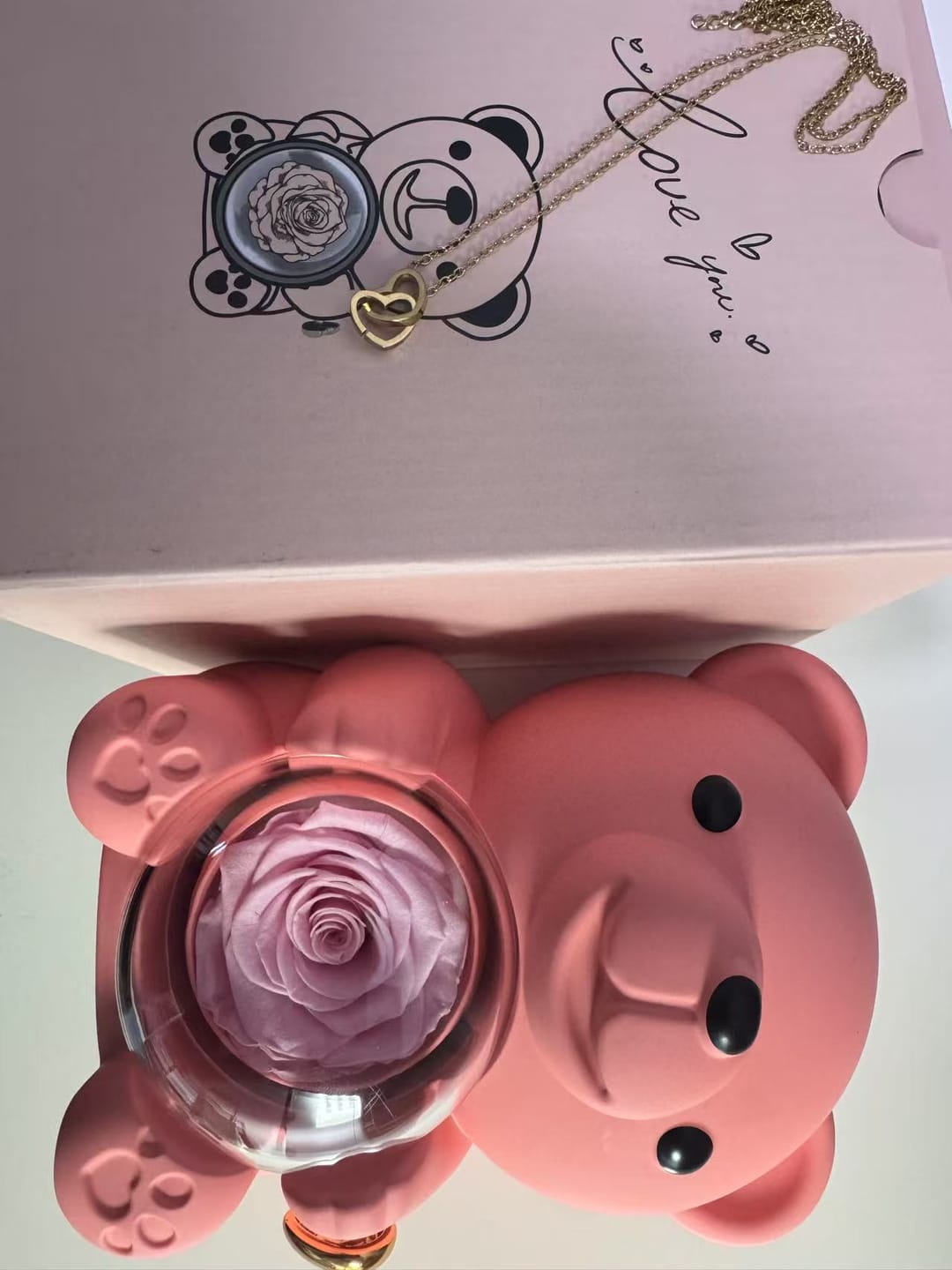 Customer photo review of Eternal Rose Bear – Personalized Necklace & Real Preserved Rose