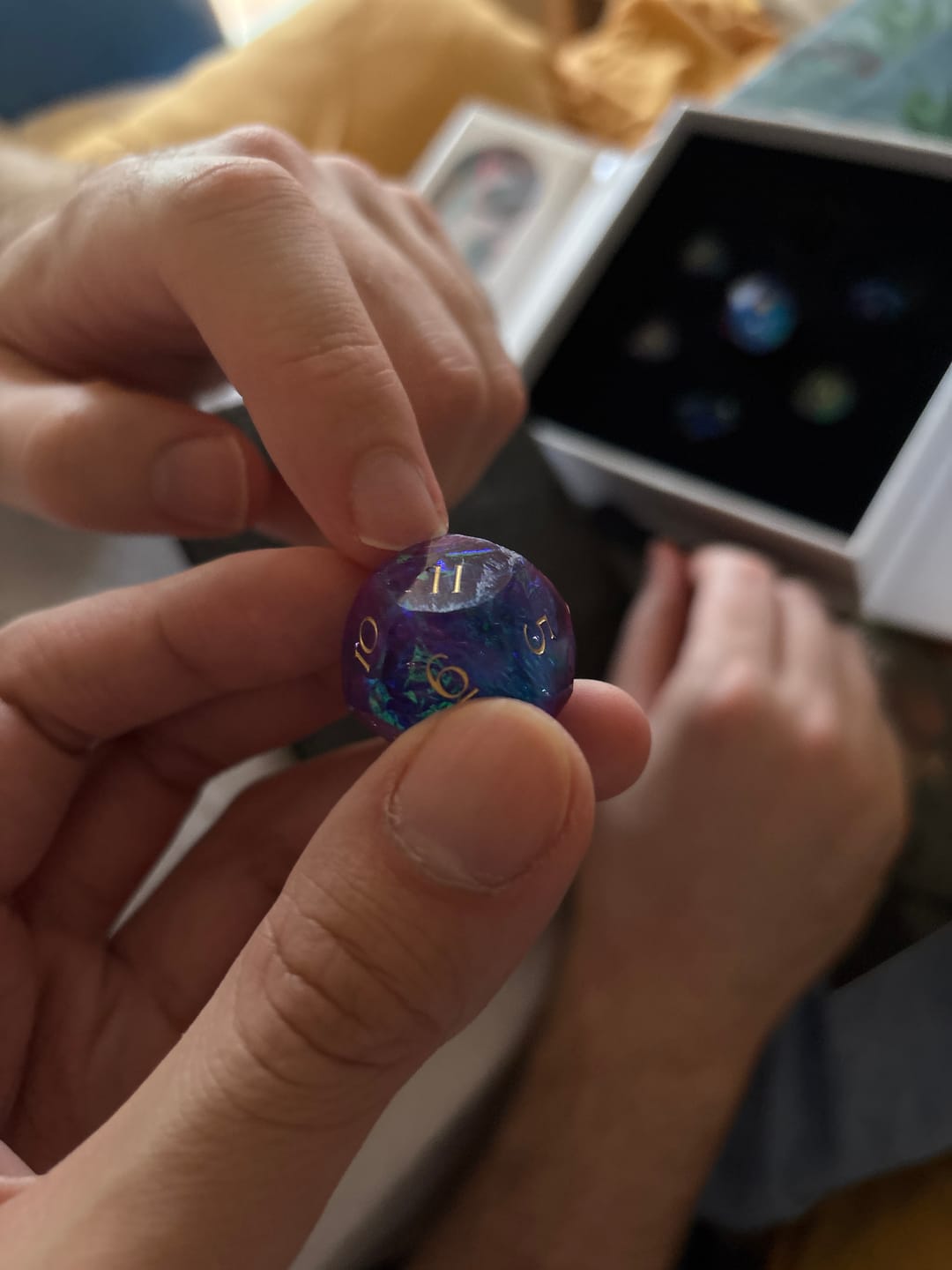 Customer photo review of URWizards D&D Resin Purple Glitter Engraved Dice Set Multi-faceted Gengar Style