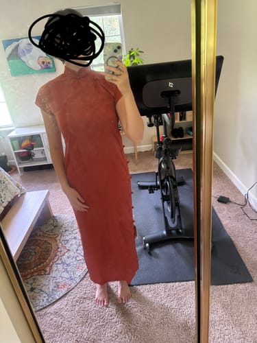 Customer photo review of Tie Xu 铁锈 Rust Red 1930s Satin Floral Short Sleeve Qipao