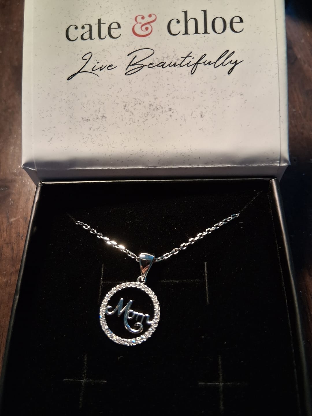 Customer photo review of Brandy 18k White Gold Plated Circle Mom Necklace with Swarovski Crystals