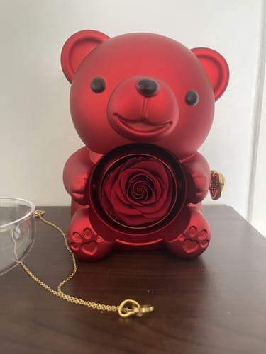 Customer photo review of Eternal Rose Bear – Personalized Necklace & Real Preserved Rose