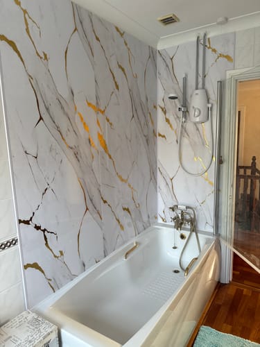 Customer photo review of Premium White Gold Marble Gloss Shower Wall Panel – 1M x 2.4M