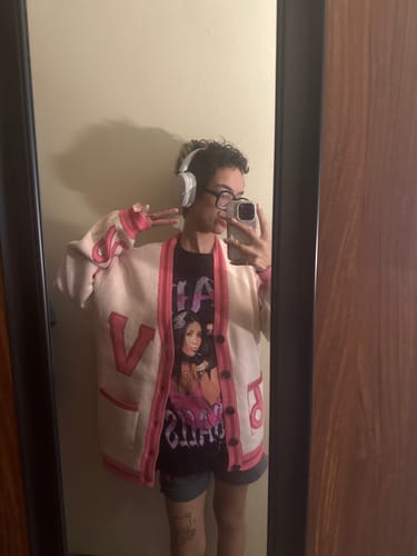 Customer photo review of Vanilla's Varsity Cardigan