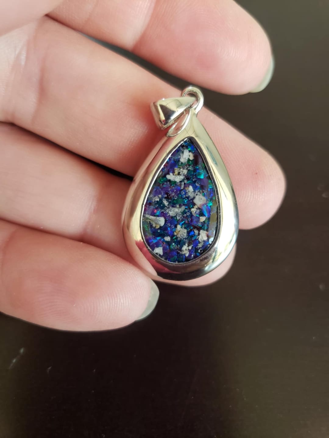 Customer photo review of Pear Drop Opal Cremation Pendant - Engravable