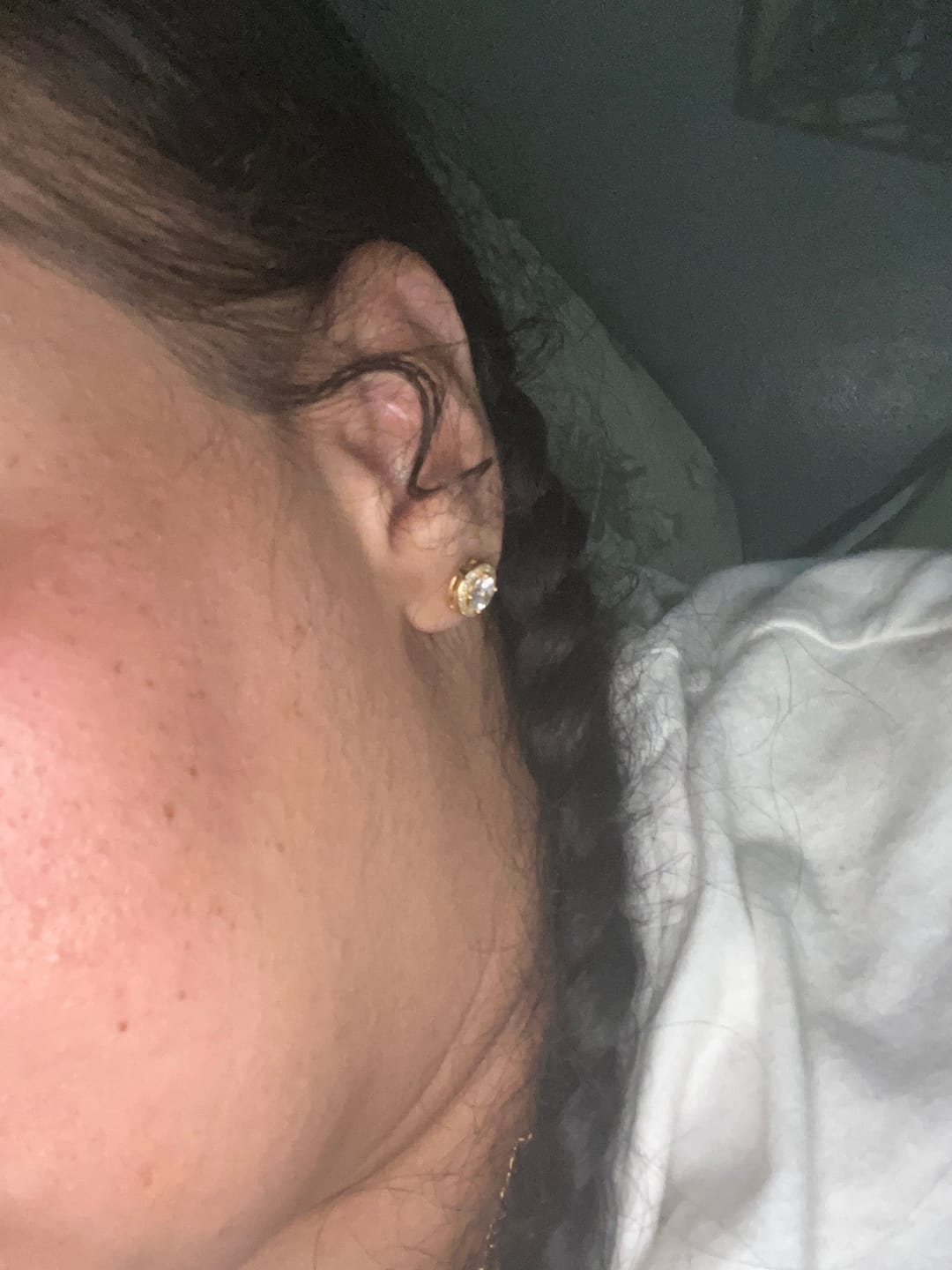 Customer photo review of Ariel 18k White Gold Plated Halo Stud Earrings with Simulated Diamond Crystals