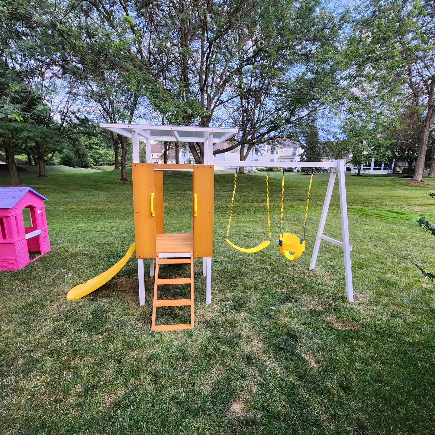 Customer photo review of Forest Small Outdoor Toddler Swing Set | Compact Wooden Swing Frame for Babies & Kids