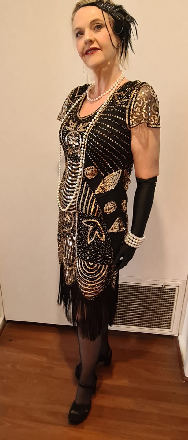 Customer photo review of 1920s Black & Gold Sequin Eva Gatsby Dress
