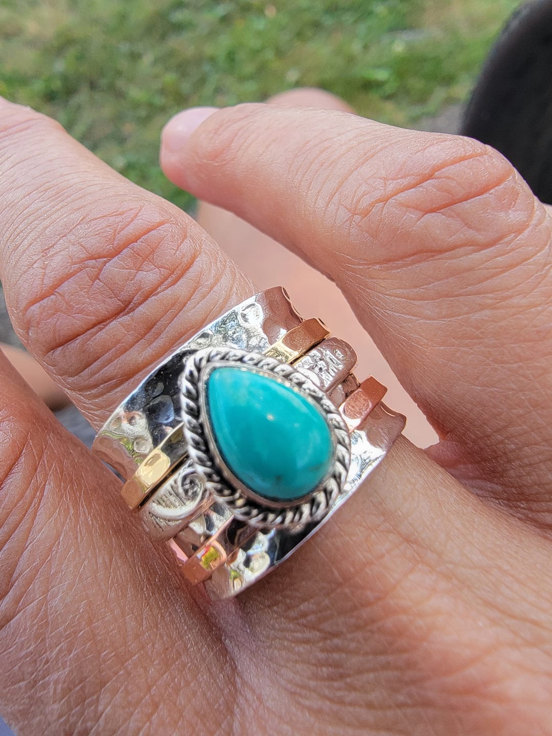 Customer photo review of Teardrop Turquoise Fidget Ring Sterling Silver