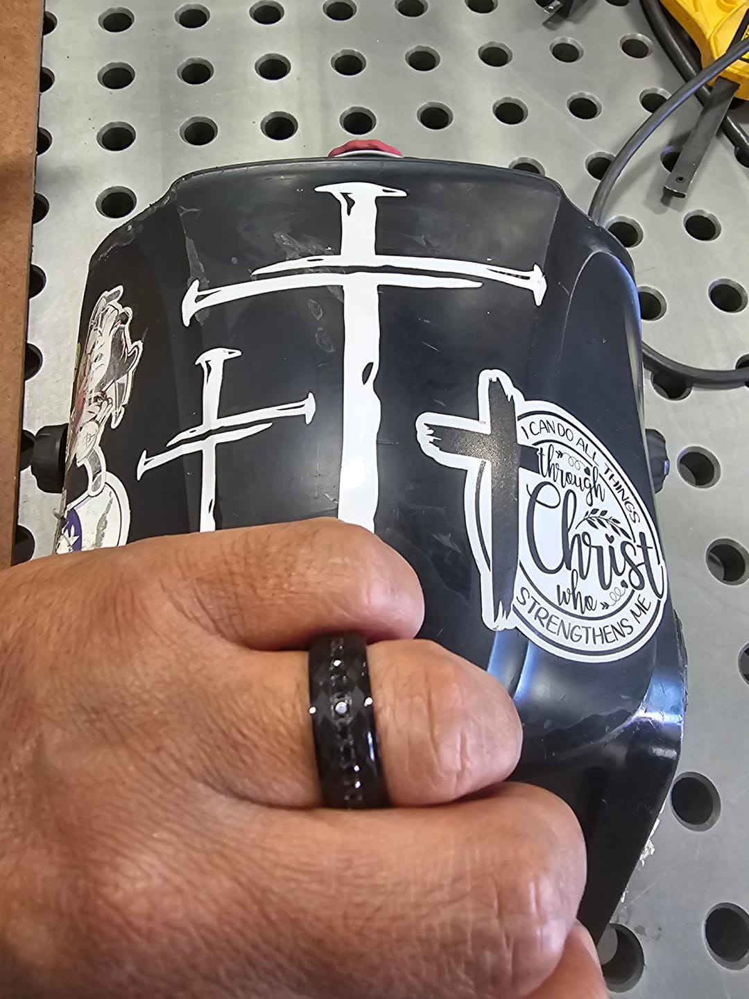 Customer photo review of 8mm - Black Tungsten Hammered Wedding Band, with Black Sapphires Stepped Edges