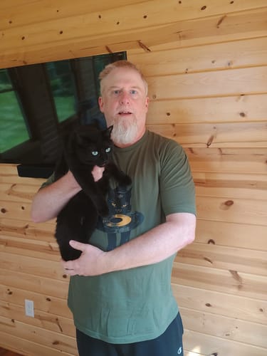 Customer photo review of Black Cat Vinyl T-Shirt