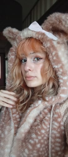 Customer photo review of [Rose Island] Fairy Spirit Deer In Flower Field Faux Fur Hoodie with Zipper