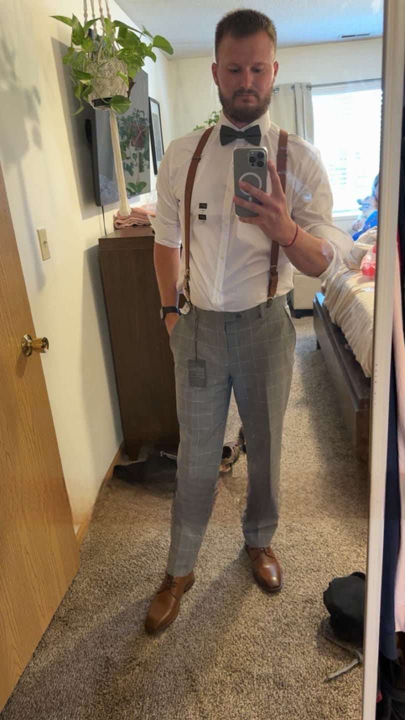 Customer photo review of Olive Bow Tie & Cognac Buckle Suspenders Set