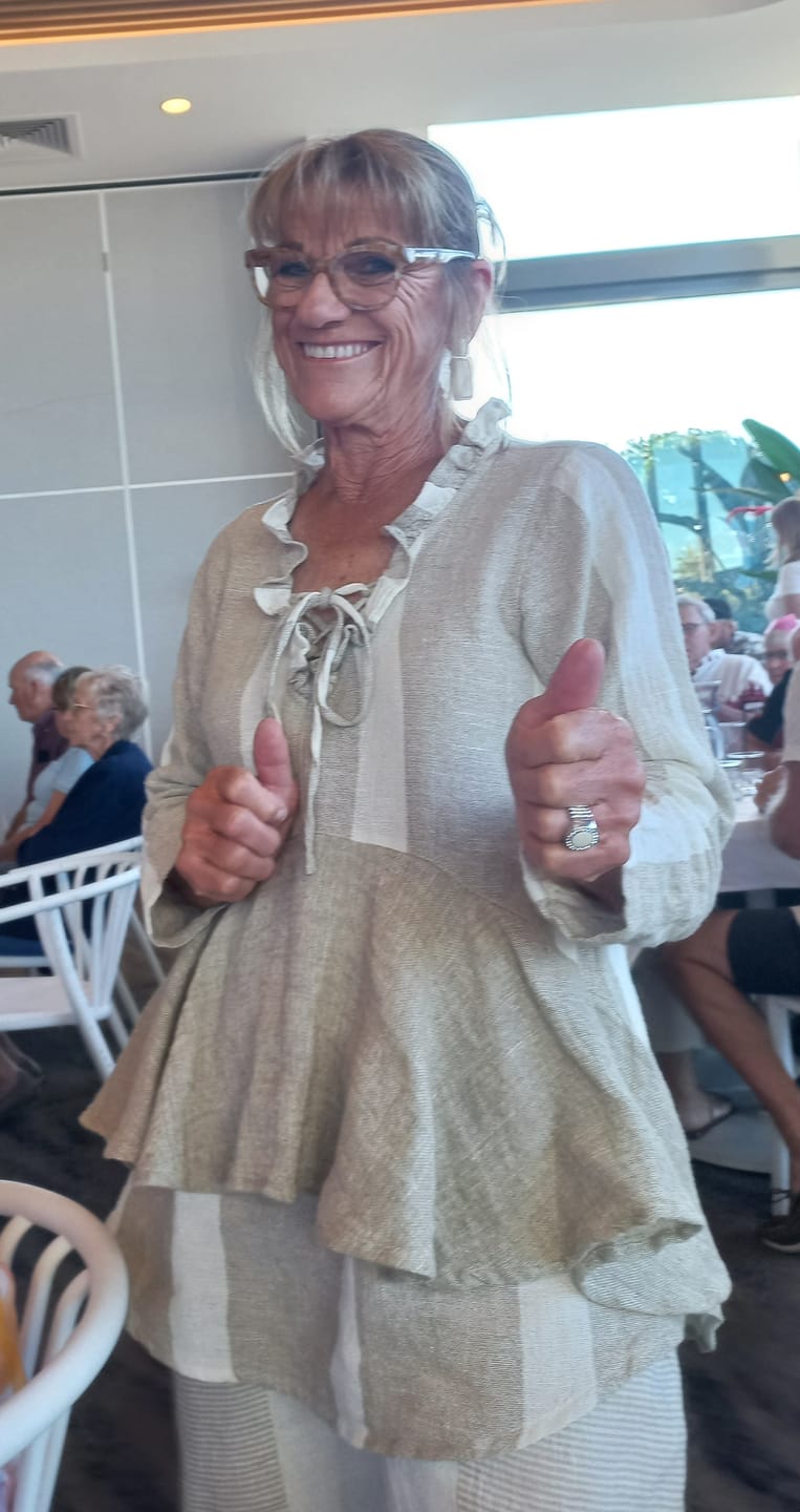 Customer photo review of Peony Linen Blend Top in Latte