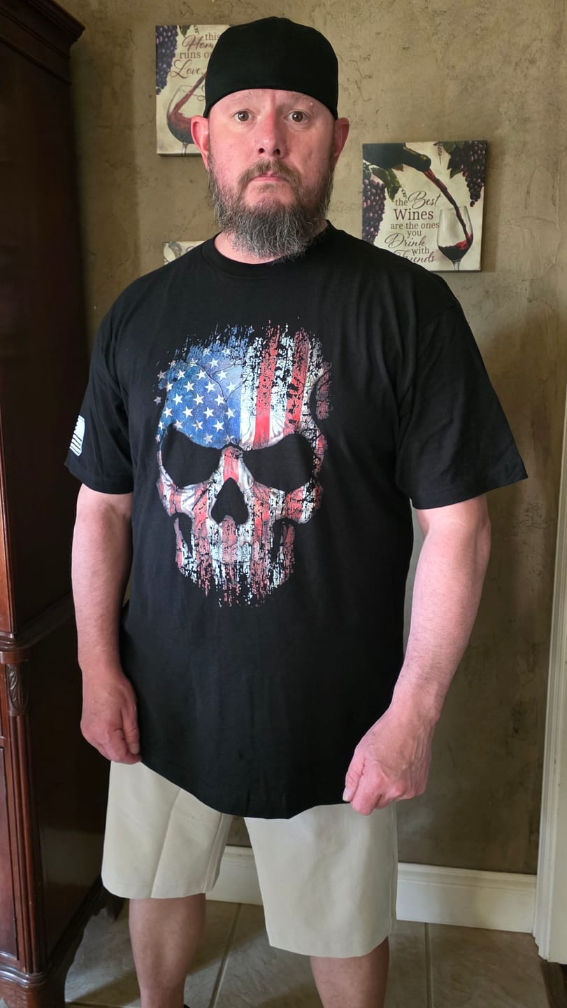 Customer photo review of USA Flag Skull T-Shirt